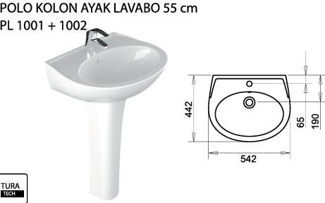 TURAVİT POLO KOLON AYAK LAVABO 55 CM. KOD: 1001 + 1005